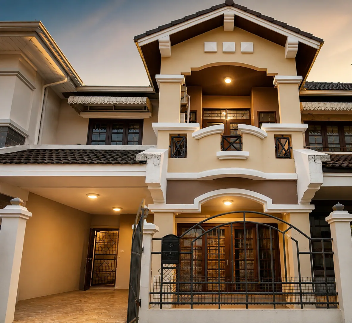 Front exterior of a luxury 2-storey townhouse with covered parking, elegant façade, and warm evening lighting, move-in ready home in Thailand.
